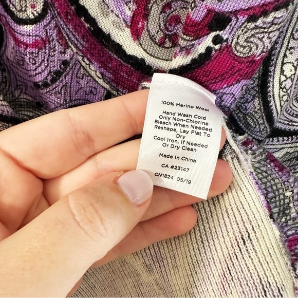 Talbots Merino Wool Womens XL Purple Paisley Crewneck Sweater 3/4 Sleeve - Picture 5 of 6
